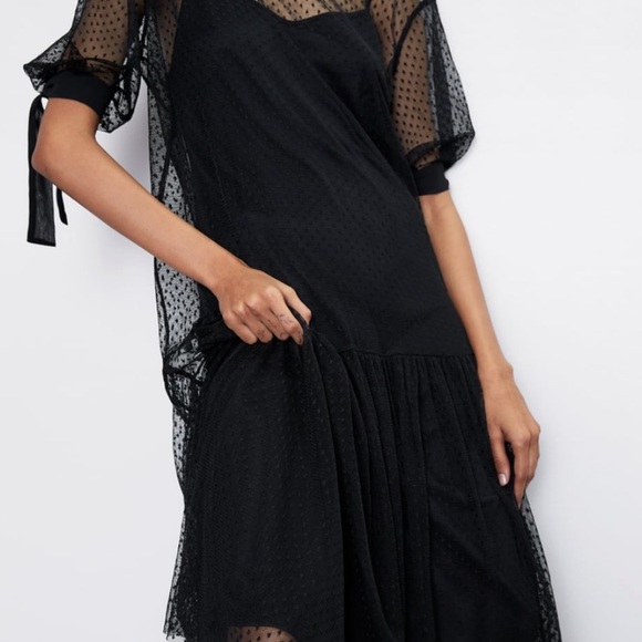 Zara Black Swiss Dot Midi Dress with Tie Dress - Picture 4 of 8